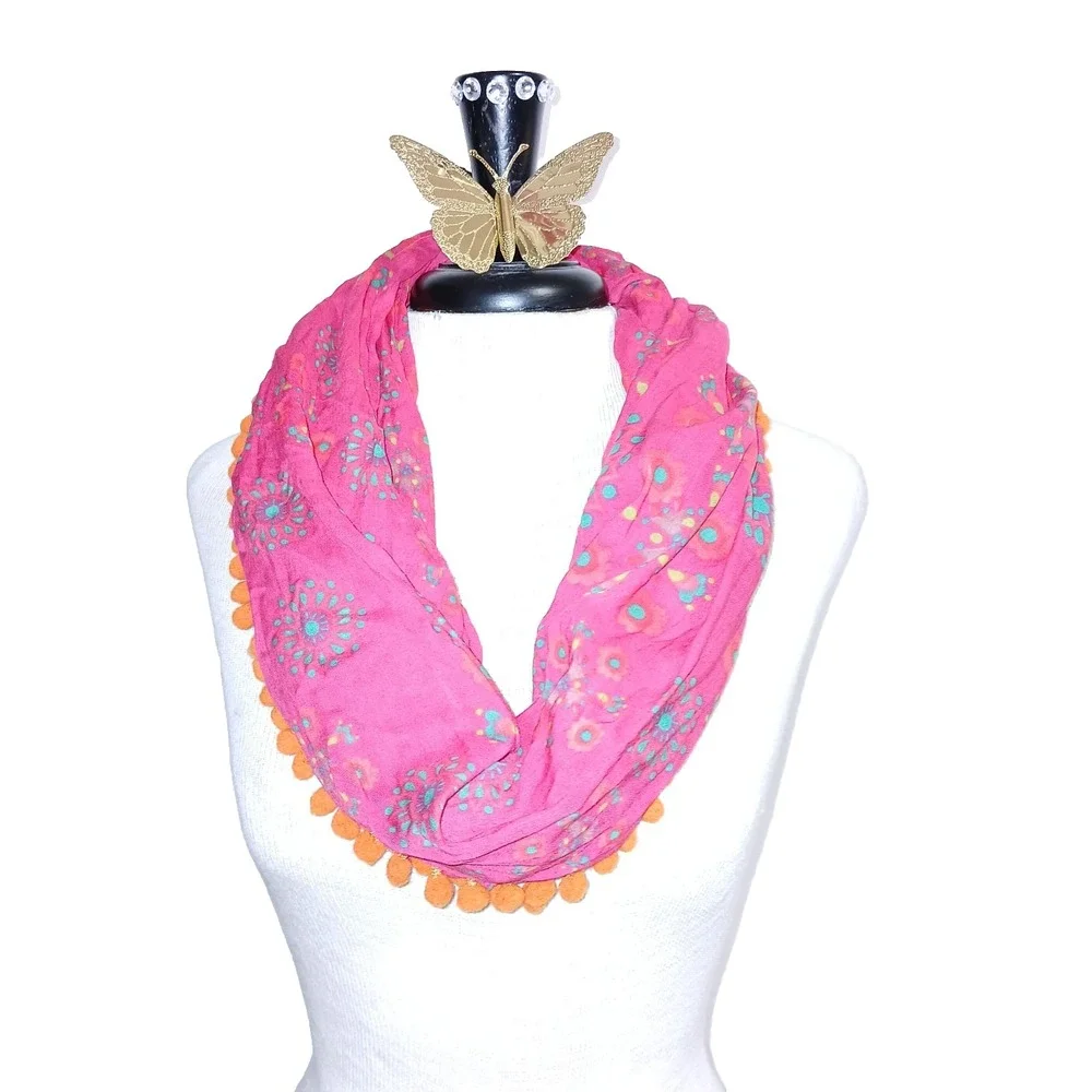Natural Life Pom Pom Balls Women Infinity Scarf Coral Orange Floral Boho Mandala
